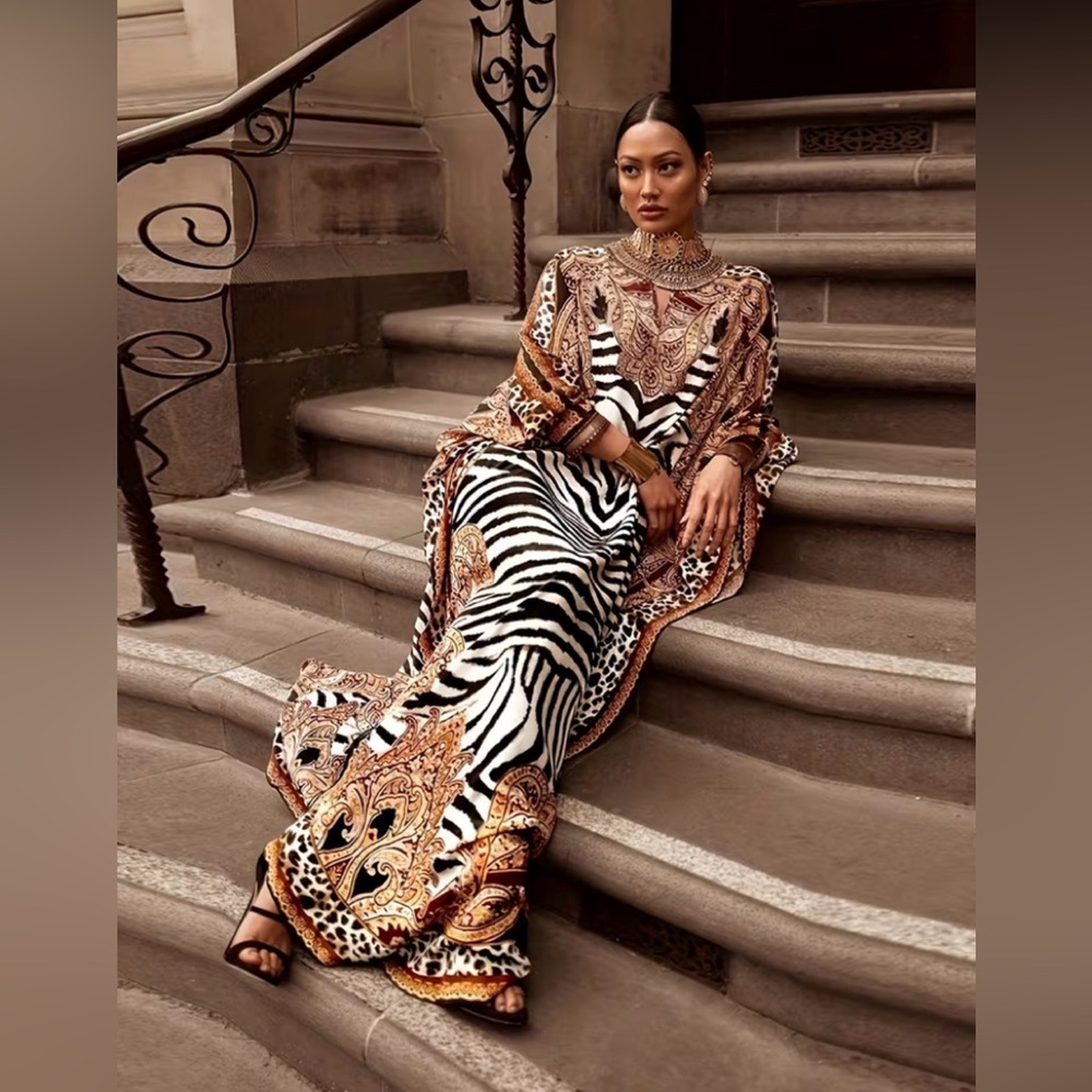 Chic Zebra Print Maxi Dress with Brown Accents